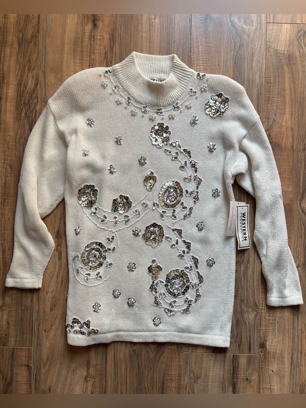 NWT Vintage 90s Western Connection Sequin Floral Ramie Cotton Knit Sweater S